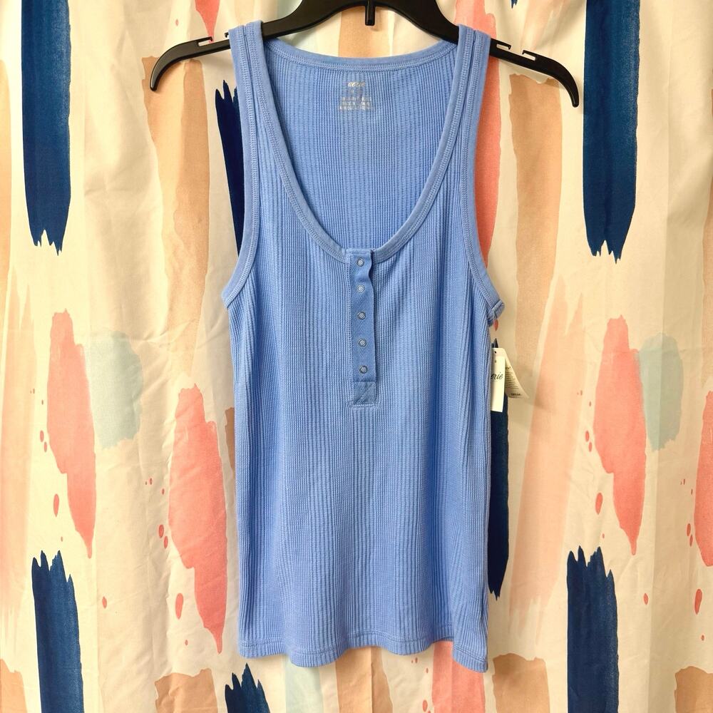 Aerie Blue Ribbed Waffle Knit Henley Tank Top Snap Button Closure Size Medium